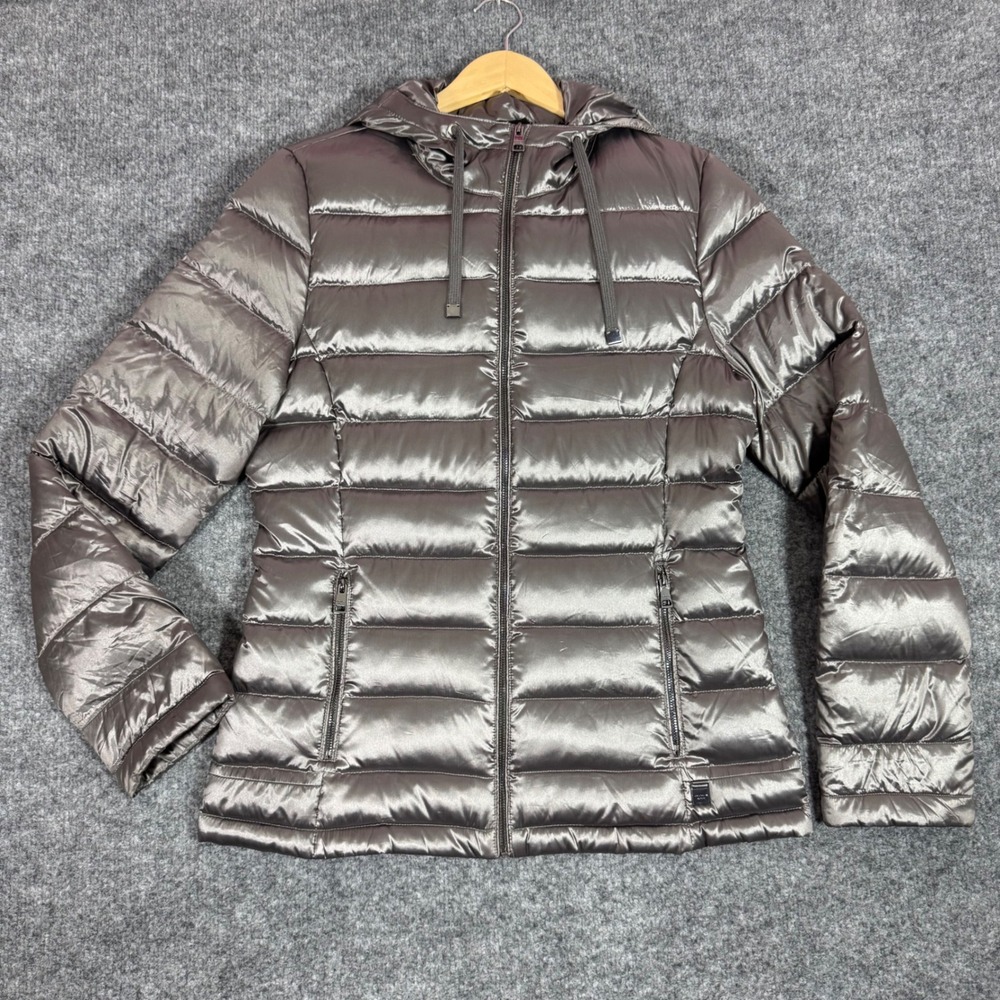 Andrew Marc Packable Puffer Down Jacket Women Size M Taupe Metallic Hooded NWOT